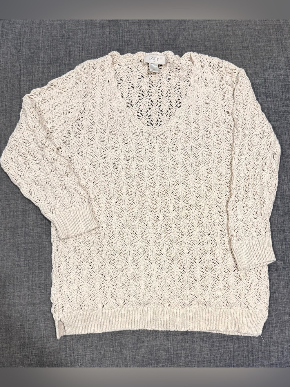 LOFT Cream Openwork V-Neck Knit Sweater